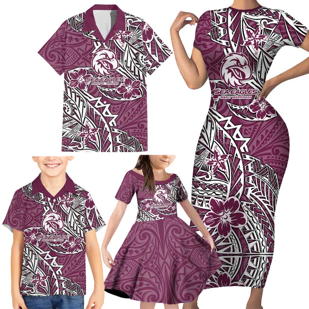 Personalised Manly Warringah Sea Eagles Family Matching Short Sleeve Bodycon Dress and Hawaiian Shirt Polynesian Tribal Pattern With Rugby Sea Eagle Mascot Art