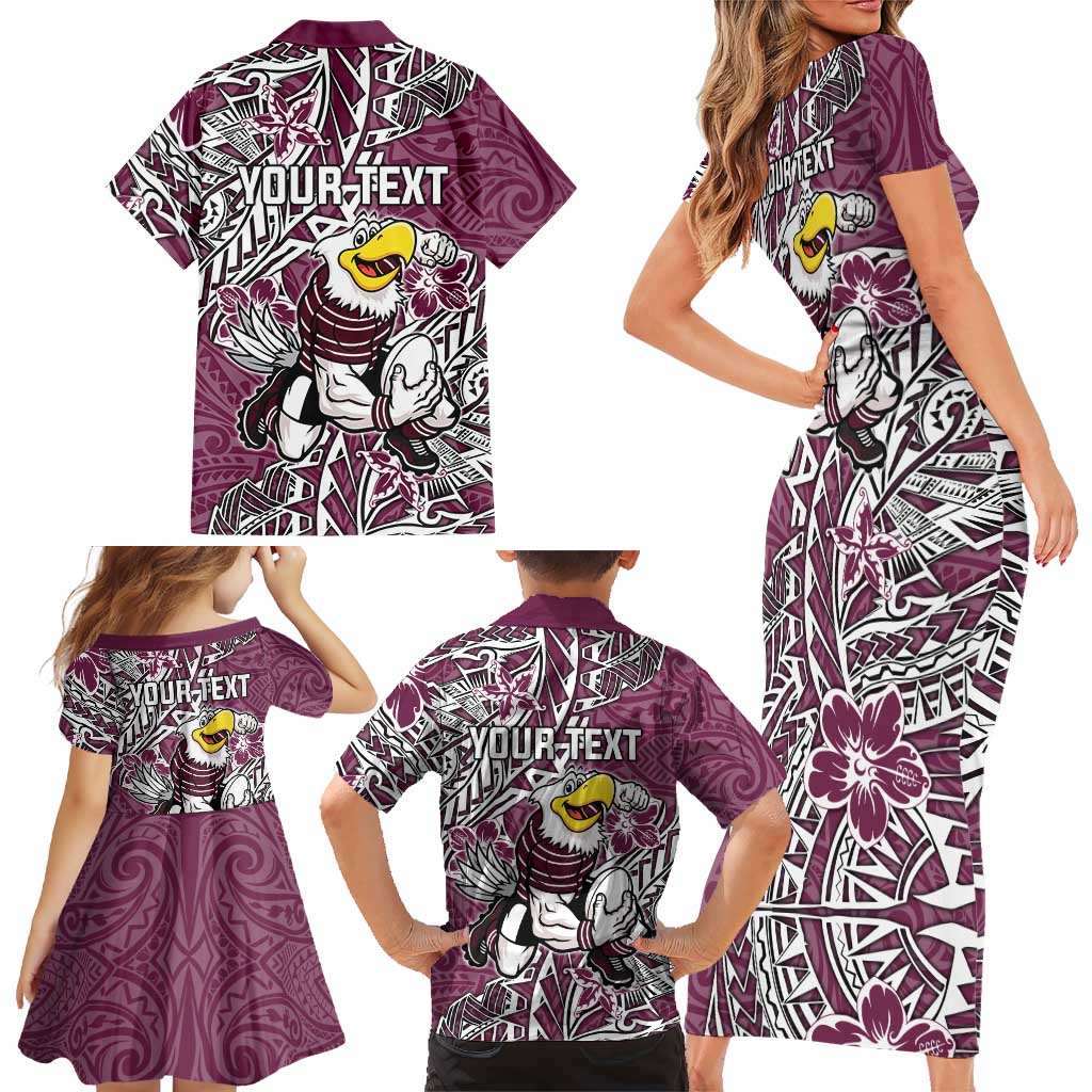 Personalised Manly Warringah Sea Eagles Family Matching Short Sleeve Bodycon Dress and Hawaiian Shirt Polynesian Tribal Pattern With Rugby Sea Eagle Mascot Art