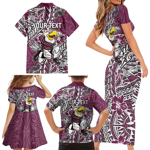 Personalised Manly Warringah Sea Eagles Family Matching Short Sleeve Bodycon Dress and Hawaiian Shirt Polynesian Tribal Pattern With Rugby Sea Eagle Mascot Art