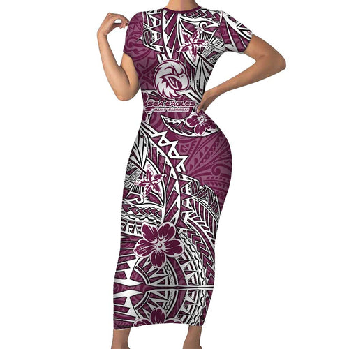 Personalised Manly Warringah Sea Eagles Family Matching Short Sleeve Bodycon Dress and Hawaiian Shirt Polynesian Tribal Pattern With Rugby Sea Eagle Mascot Art