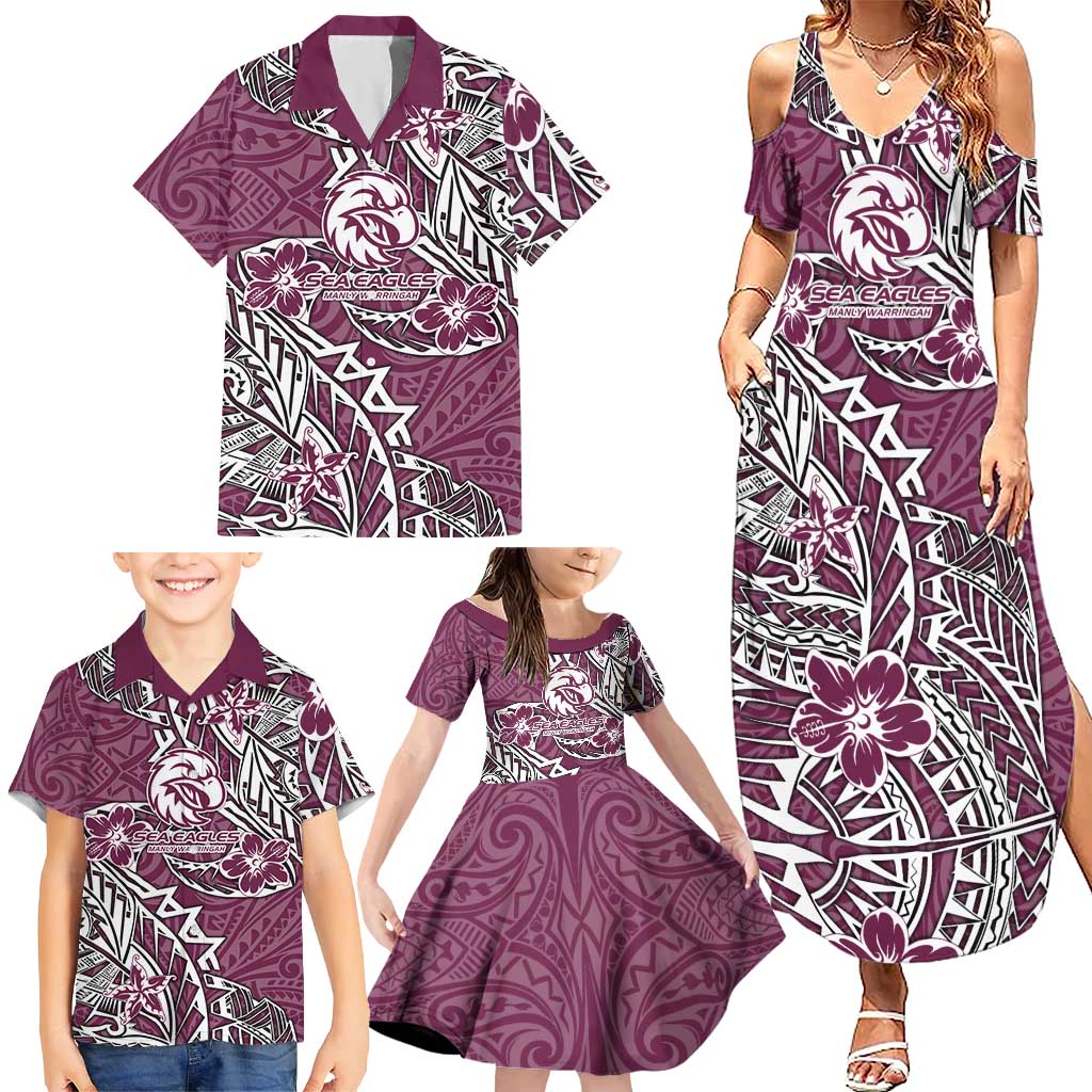 Personalised Manly Warringah Sea Eagles Family Matching Summer Maxi Dress and Hawaiian Shirt Polynesian Tribal Pattern With Rugby Sea Eagle Mascot Art