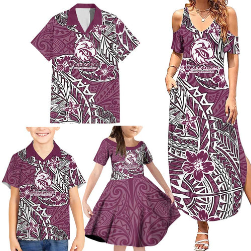 Personalised Manly Warringah Sea Eagles Family Matching Summer Maxi Dress and Hawaiian Shirt Polynesian Tribal Pattern With Rugby Sea Eagle Mascot Art