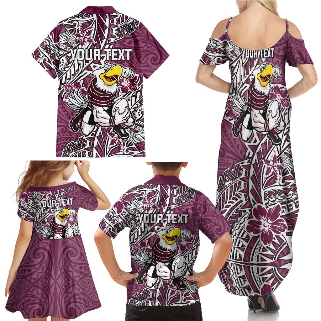 Personalised Manly Warringah Sea Eagles Family Matching Summer Maxi Dress and Hawaiian Shirt Polynesian Tribal Pattern With Rugby Sea Eagle Mascot Art