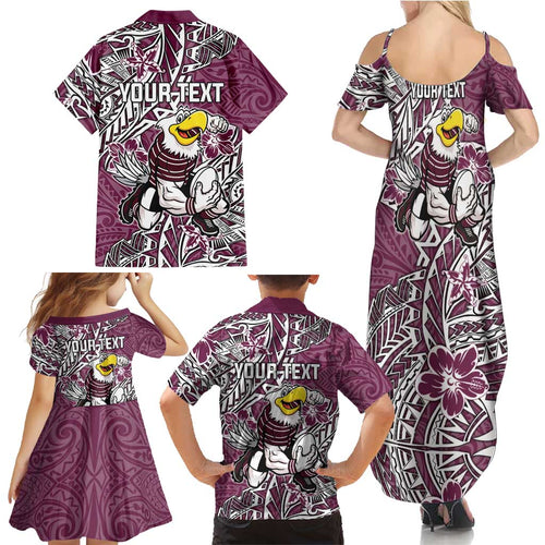 Personalised Manly Warringah Sea Eagles Family Matching Summer Maxi Dress and Hawaiian Shirt Polynesian Tribal Pattern With Rugby Sea Eagle Mascot Art