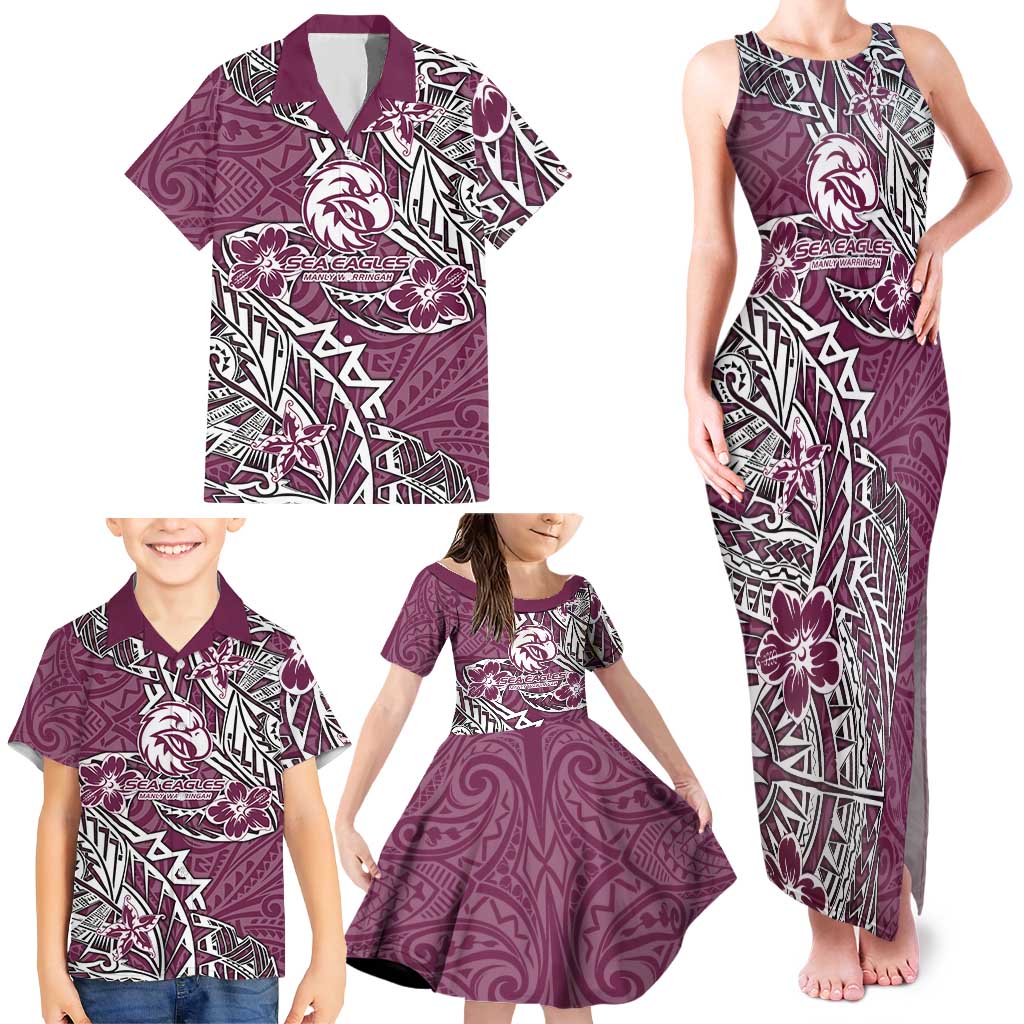 Personalised Manly Warringah Sea Eagles Family Matching Tank Maxi Dress and Hawaiian Shirt Polynesian Tribal Pattern With Rugby Sea Eagle Mascot Art