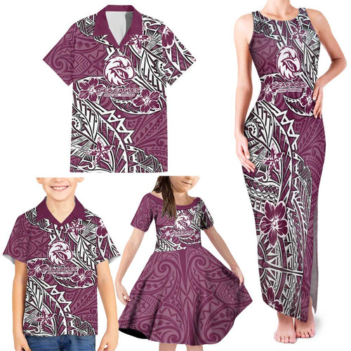 Personalised Manly Warringah Sea Eagles Family Matching Tank Maxi Dress and Hawaiian Shirt Polynesian Tribal Pattern With Rugby Sea Eagle Mascot Art