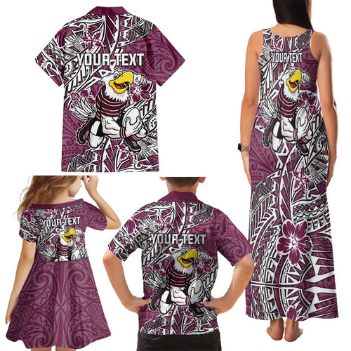 Personalised Manly Warringah Sea Eagles Family Matching Tank Maxi Dress and Hawaiian Shirt Polynesian Tribal Pattern With Rugby Sea Eagle Mascot Art