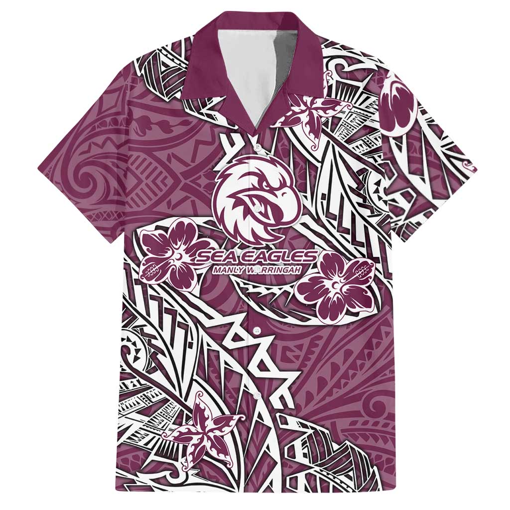 Personalised Manly Warringah Sea Eagles Hawaiian Shirt Polynesian Tribal Pattern With Rugby Sea Eagle Mascot Art