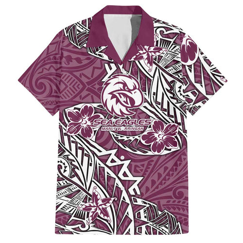 Personalised Manly Warringah Sea Eagles Hawaiian Shirt Polynesian Tribal Pattern With Rugby Sea Eagle Mascot Art