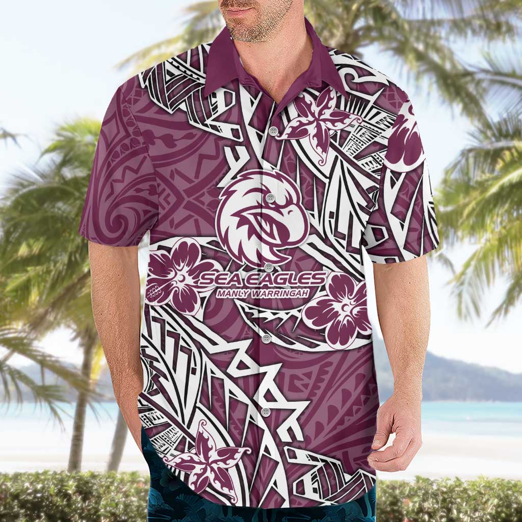 Personalised Manly Warringah Sea Eagles Hawaiian Shirt Polynesian Tribal Pattern With Rugby Sea Eagle Mascot Art