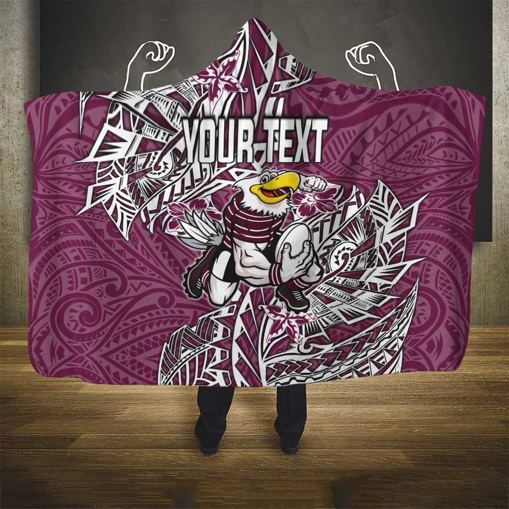 Personalised Manly Warringah Sea Eagles Hooded Blanket Polynesian Tribal Pattern With Rugby Sea Eagle Mascot Art