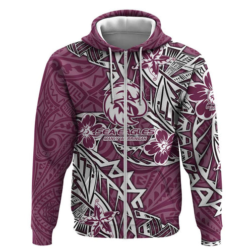 Personalised Manly Warringah Sea Eagles Hoodie Polynesian Tribal Pattern With Rugby Sea Eagle Mascot Art