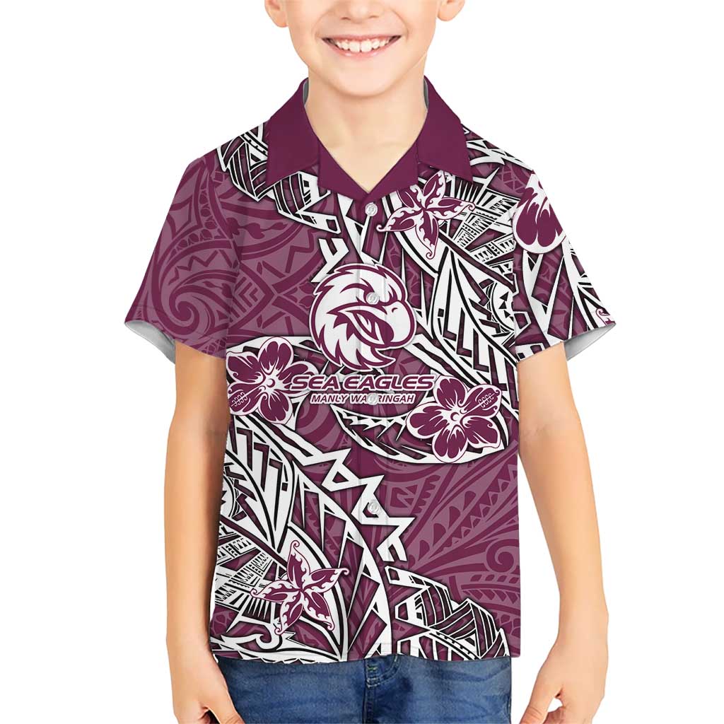 Personalised Manly Warringah Sea Eagles Kid Hawaiian Shirt Polynesian Tribal Pattern With Rugby Sea Eagle Mascot Art