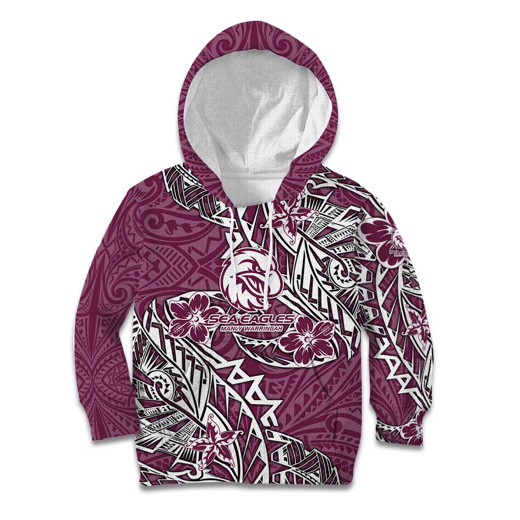 Personalised Manly Warringah Sea Eagles Kid Hoodie Polynesian Tribal Pattern With Rugby Sea Eagle Mascot Art