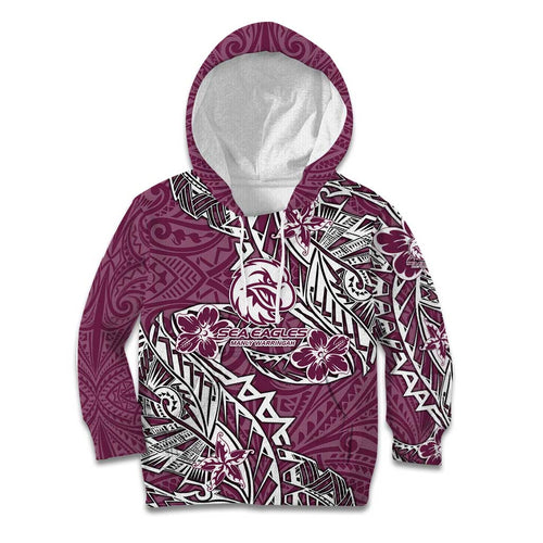 Personalised Manly Warringah Sea Eagles Kid Hoodie Polynesian Tribal Pattern With Rugby Sea Eagle Mascot Art