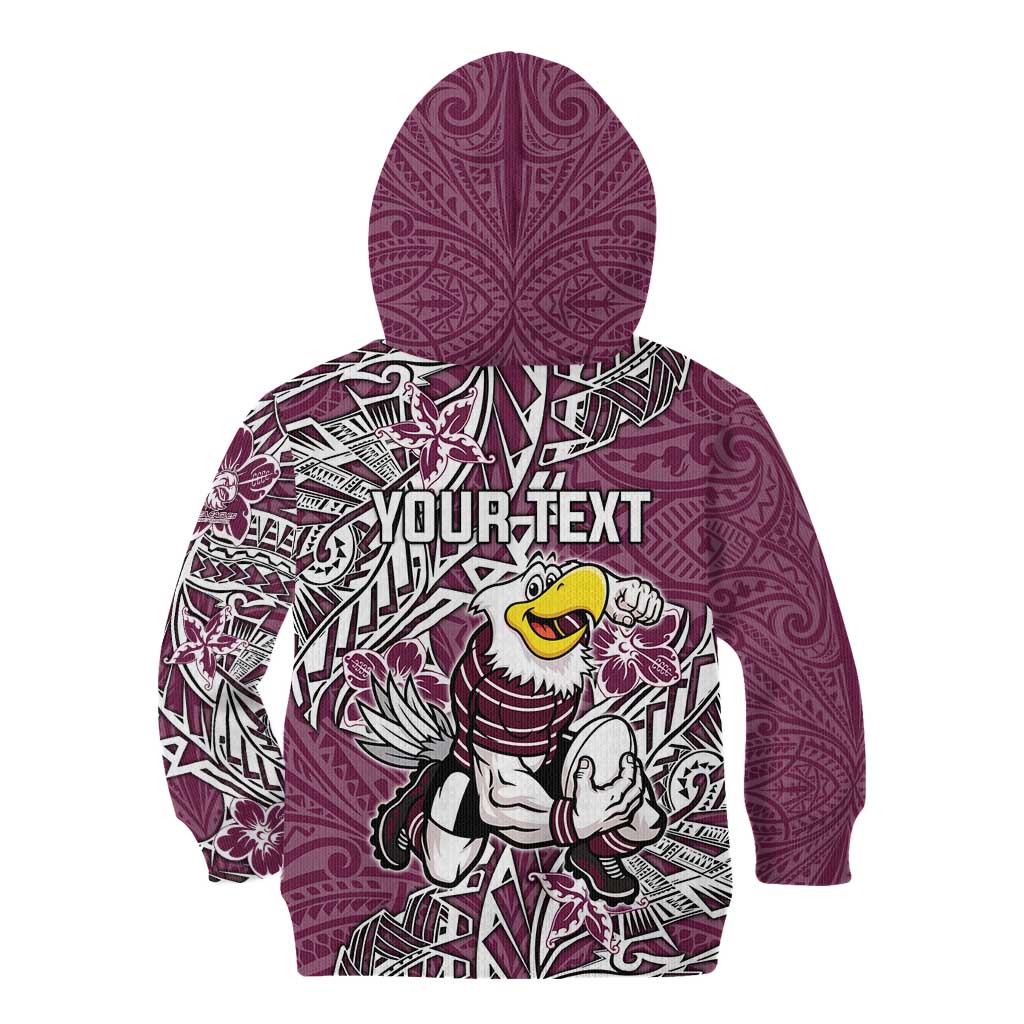 Personalised Manly Warringah Sea Eagles Kid Hoodie Polynesian Tribal Pattern With Rugby Sea Eagle Mascot Art
