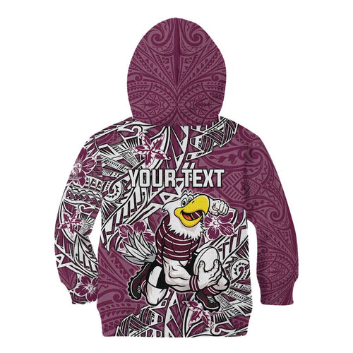 Personalised Manly Warringah Sea Eagles Kid Hoodie Polynesian Tribal Pattern With Rugby Sea Eagle Mascot Art