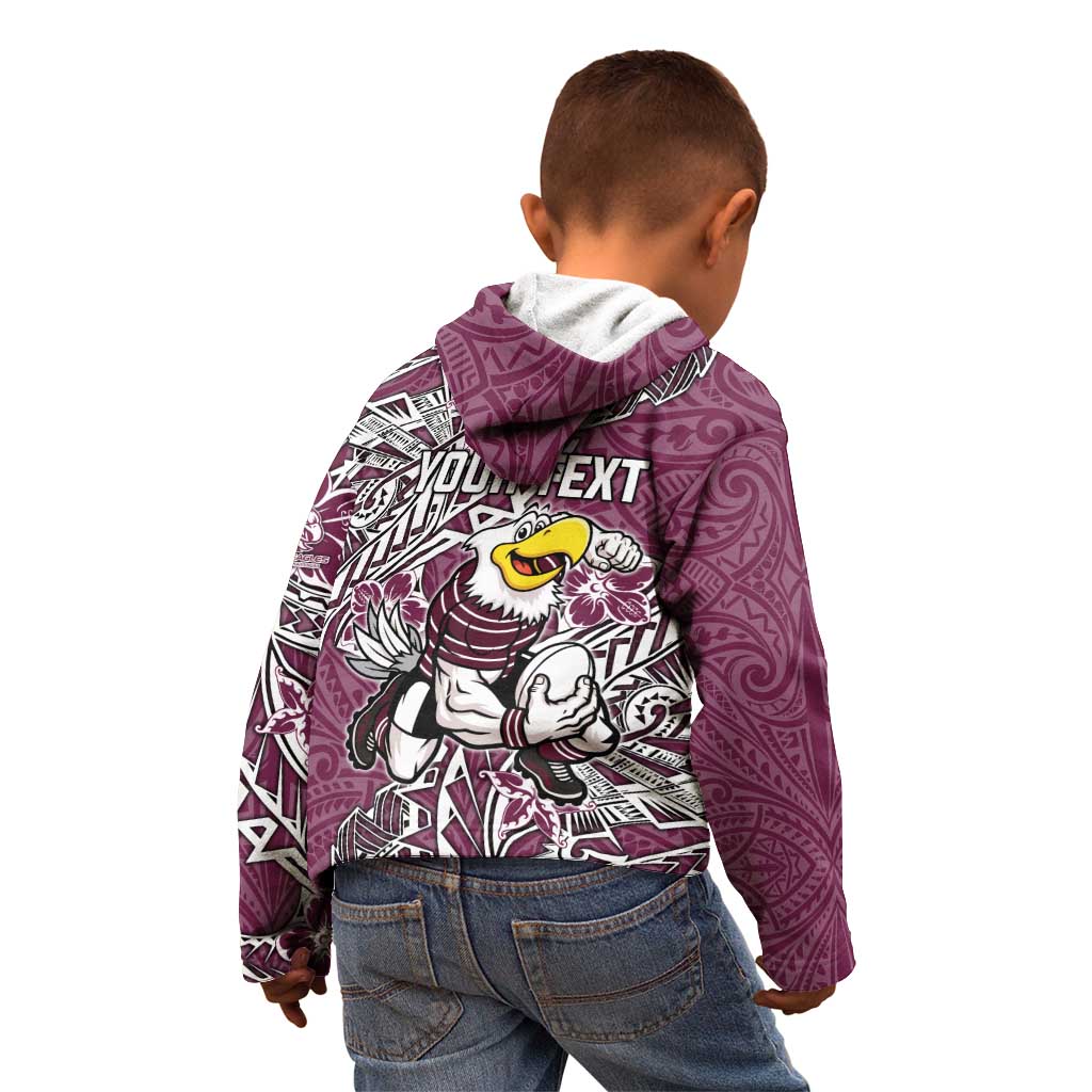 Personalised Manly Warringah Sea Eagles Kid Hoodie Polynesian Tribal Pattern With Rugby Sea Eagle Mascot Art