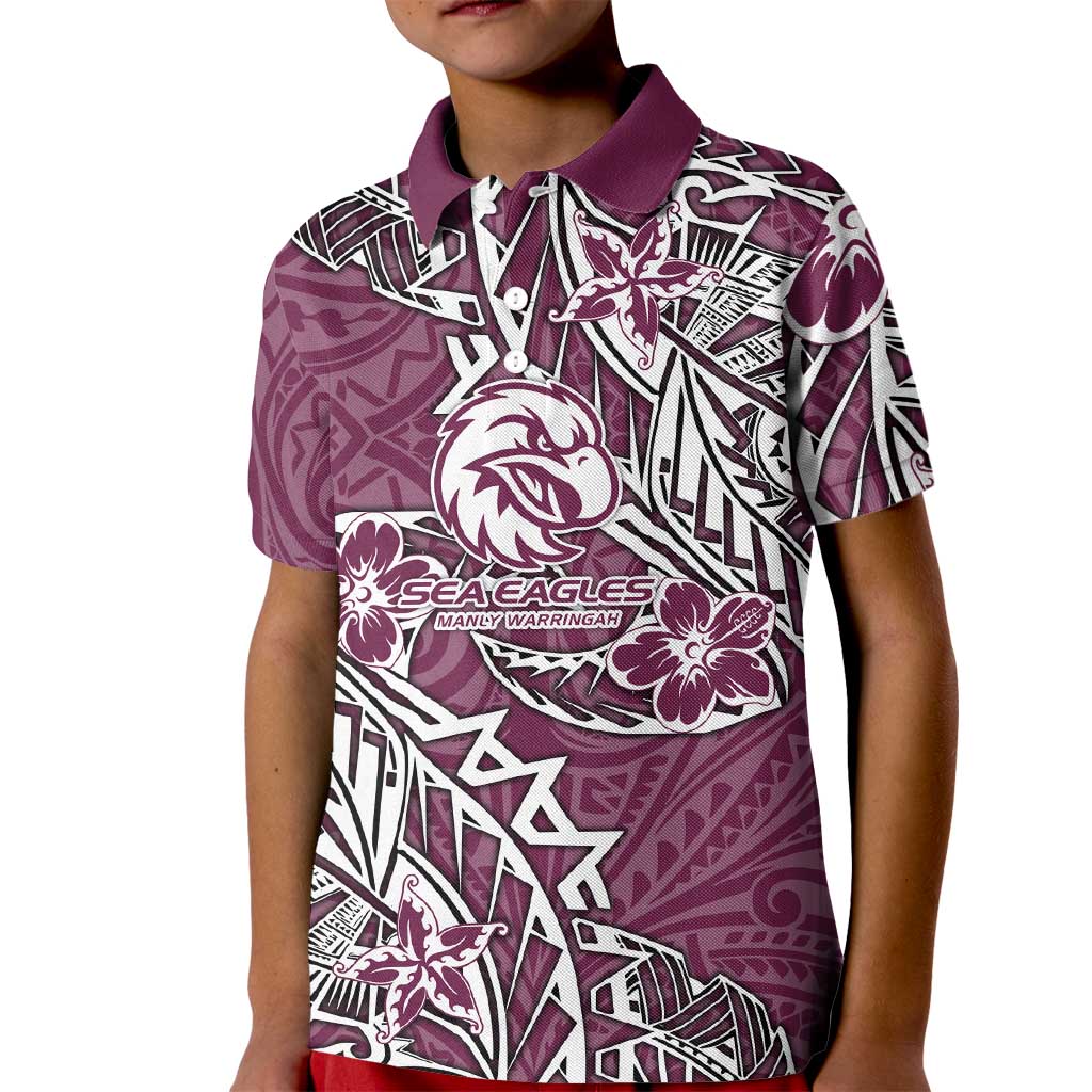 Personalised Manly Warringah Sea Eagles Kid Polo Shirt Polynesian Tribal Pattern With Rugby Sea Eagle Mascot Art