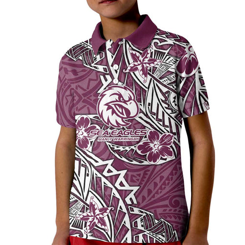 Personalised Manly Warringah Sea Eagles Kid Polo Shirt Polynesian Tribal Pattern With Rugby Sea Eagle Mascot Art