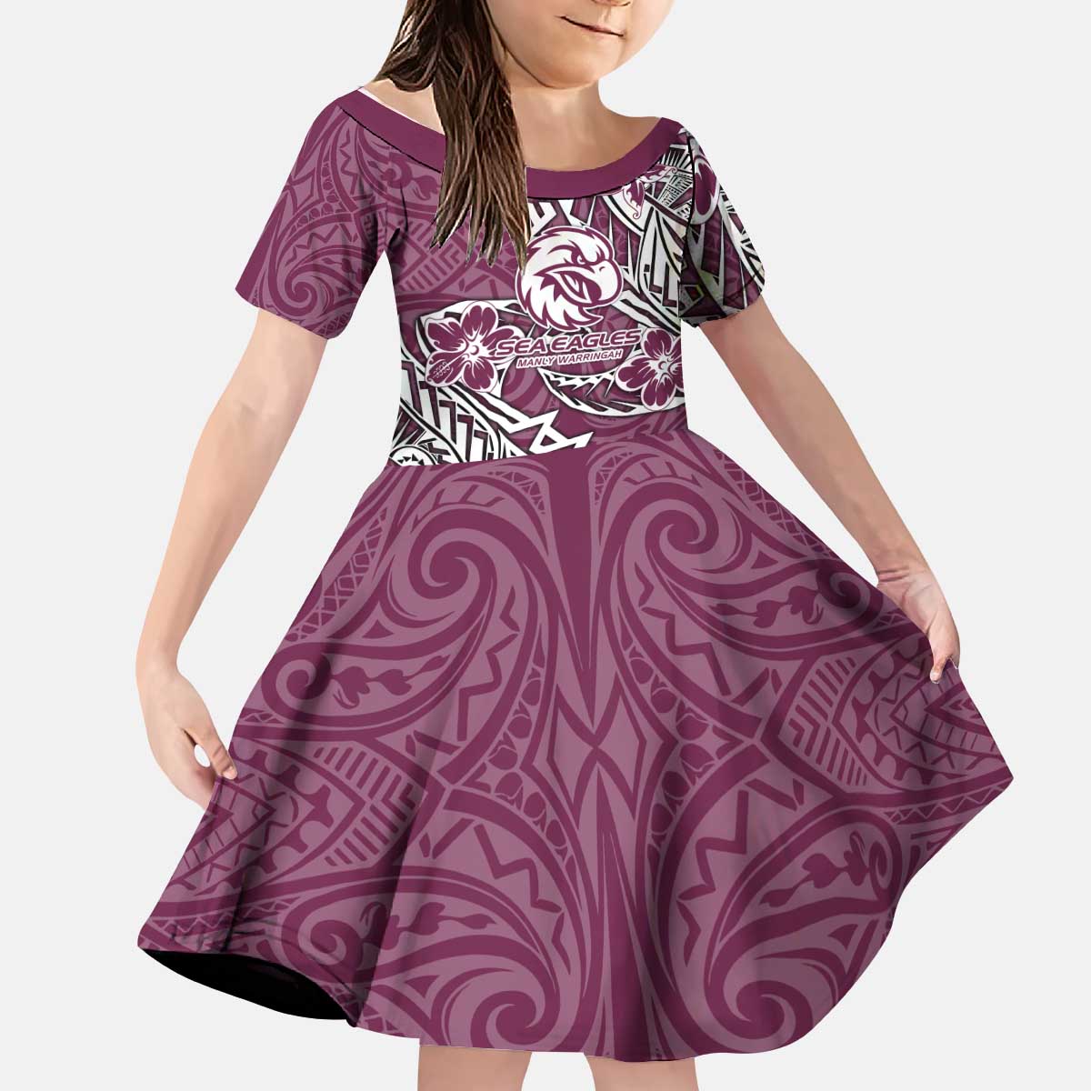 Personalised Manly Warringah Sea Eagles Kid Short Sleeve Dress Polynesian Tribal Pattern With Rugby Sea Eagle Mascot Art