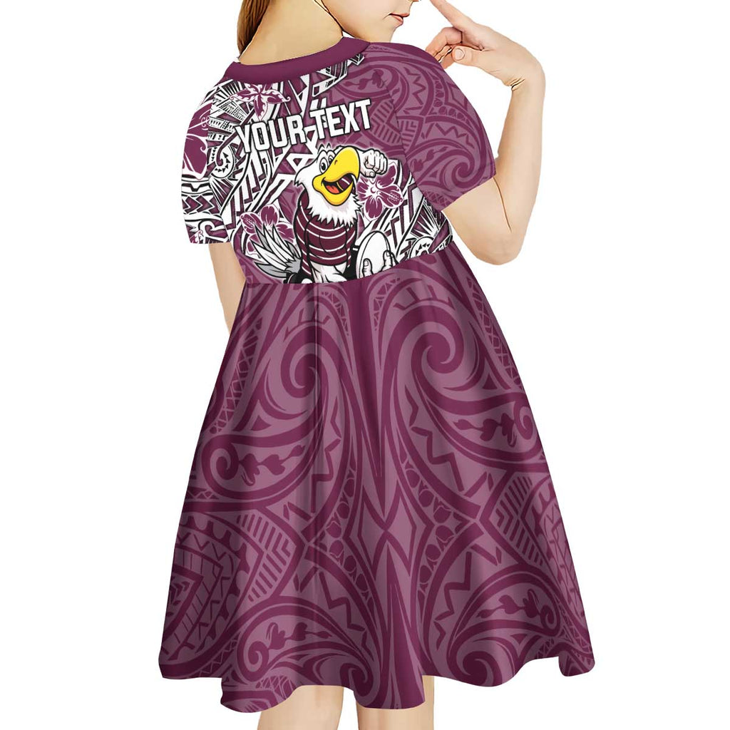 Personalised Manly Warringah Sea Eagles Kid Short Sleeve Dress Polynesian Tribal Pattern With Rugby Sea Eagle Mascot Art