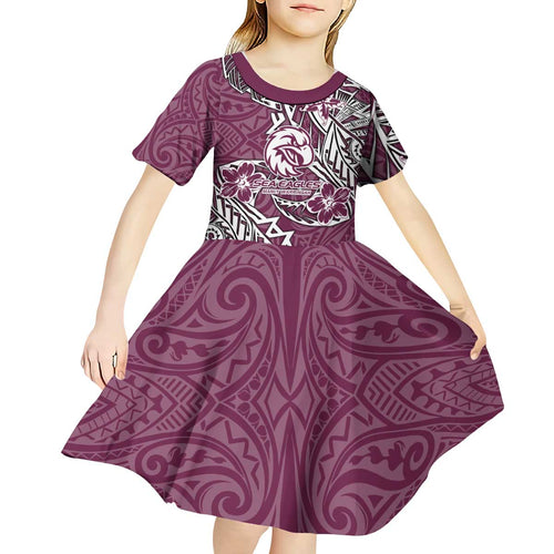 Personalised Manly Warringah Sea Eagles Kid Short Sleeve Dress Polynesian Tribal Pattern With Rugby Sea Eagle Mascot Art