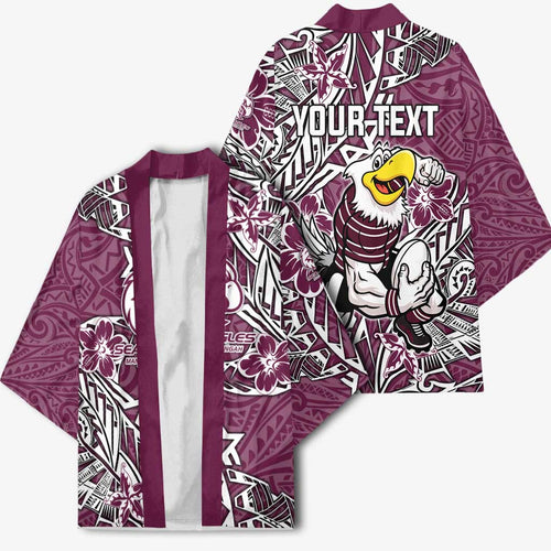 Personalised Manly Warringah Sea Eagles Kimono Polynesian Tribal Pattern With Rugby Sea Eagle Mascot Art