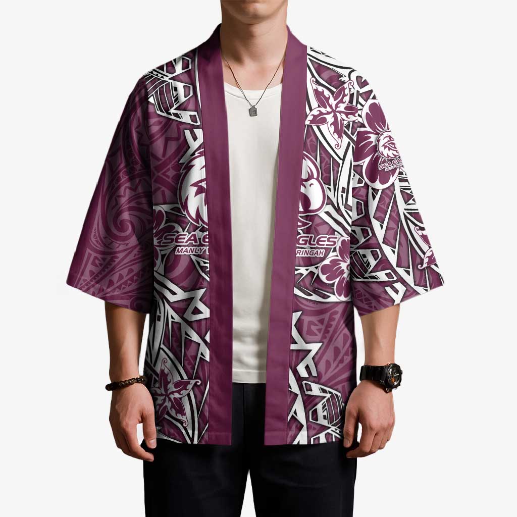 Personalised Manly Warringah Sea Eagles Kimono Polynesian Tribal Pattern With Rugby Sea Eagle Mascot Art