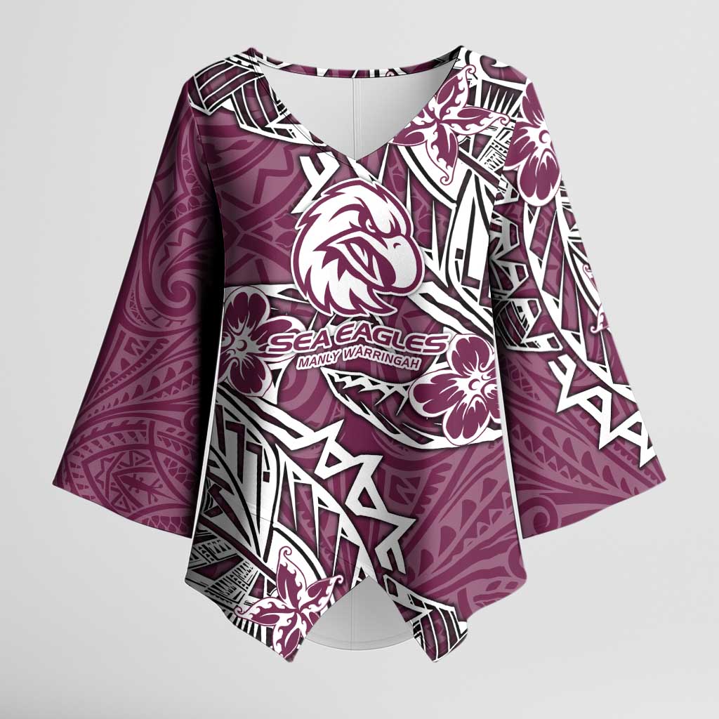 Personalised Manly Warringah Sea Eagles Kimono Sleeve Blouse Polynesian Tribal Pattern With Rugby Sea Eagle Mascot Art