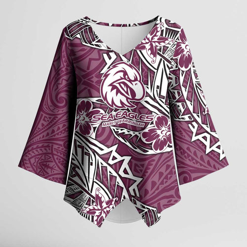 Personalised Manly Warringah Sea Eagles Kimono Sleeve Blouse Polynesian Tribal Pattern With Rugby Sea Eagle Mascot Art