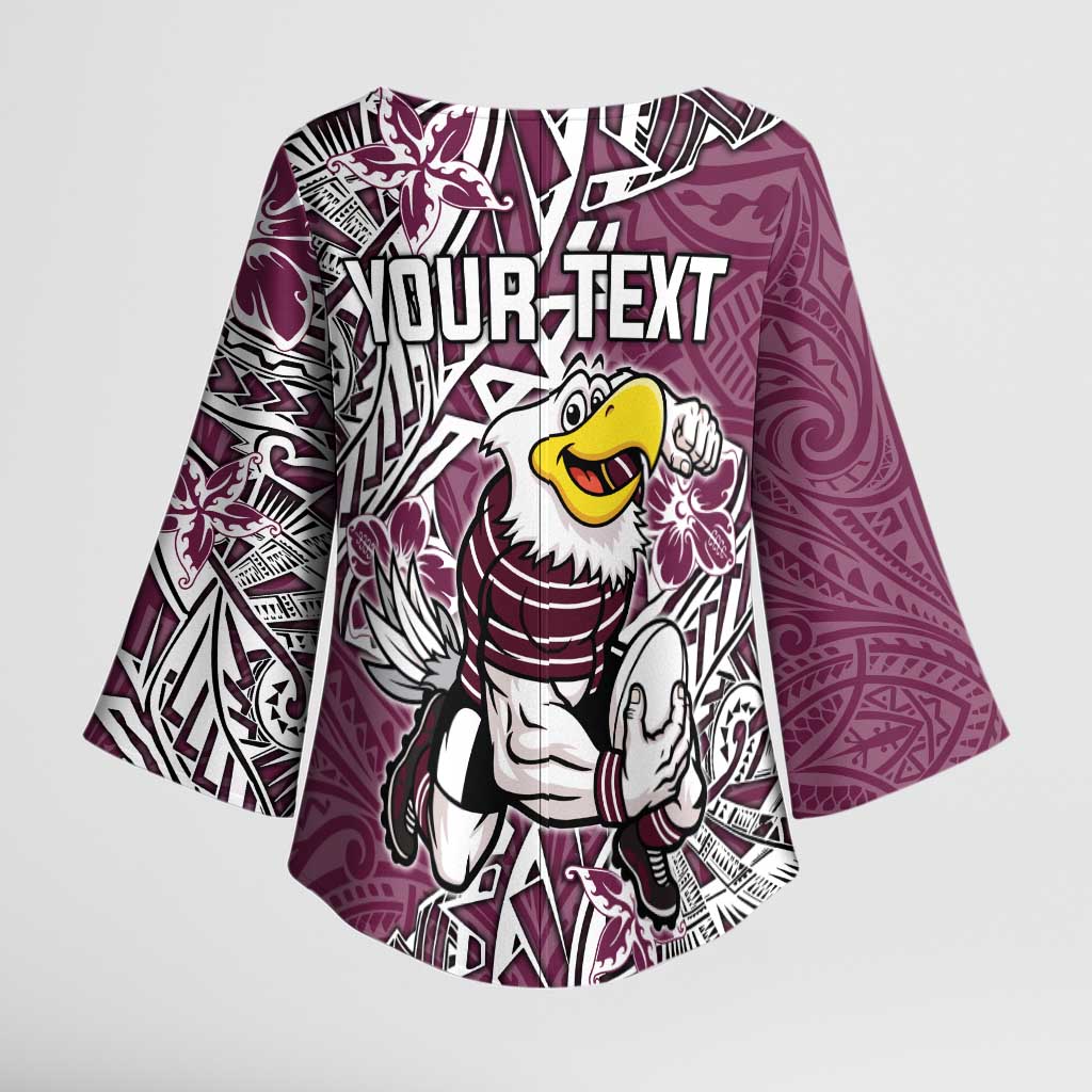 Personalised Manly Warringah Sea Eagles Kimono Sleeve Blouse Polynesian Tribal Pattern With Rugby Sea Eagle Mascot Art