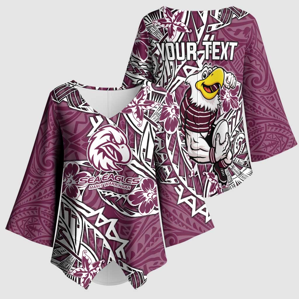 Personalised Manly Warringah Sea Eagles Kimono Sleeve Blouse Polynesian Tribal Pattern With Rugby Sea Eagle Mascot Art