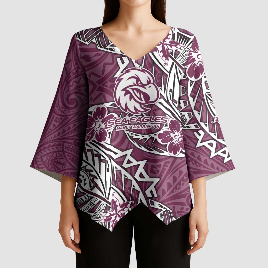 Personalised Manly Warringah Sea Eagles Kimono Sleeve Blouse Polynesian Tribal Pattern With Rugby Sea Eagle Mascot Art