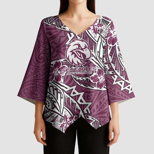 Personalised Manly Warringah Sea Eagles Kimono Sleeve Blouse Polynesian Tribal Pattern With Rugby Sea Eagle Mascot Art