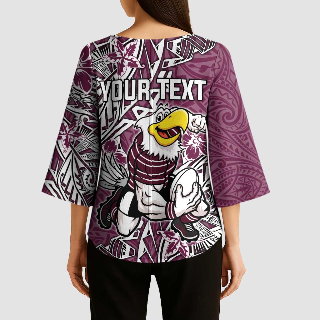 Personalised Manly Warringah Sea Eagles Kimono Sleeve Blouse Polynesian Tribal Pattern With Rugby Sea Eagle Mascot Art