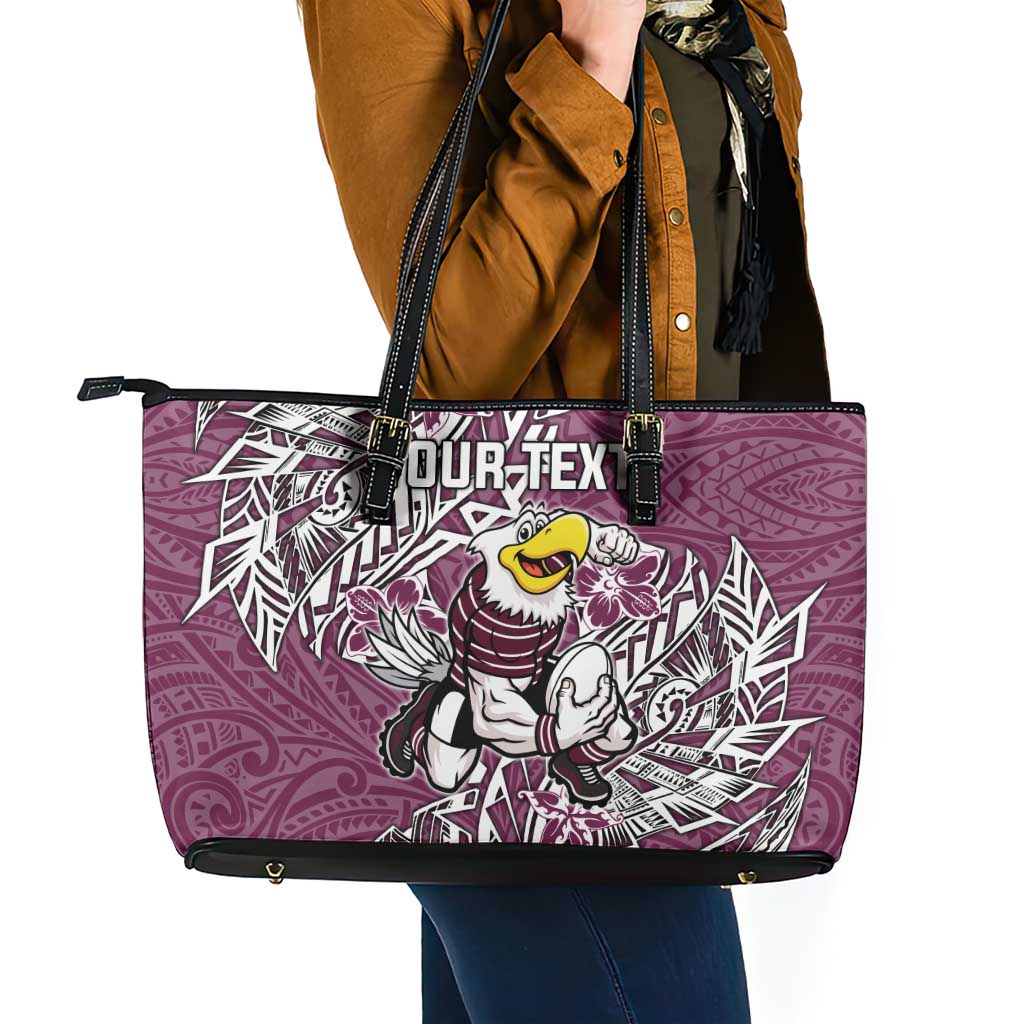 Personalised Manly Warringah Sea Eagles Leather Tote Bag Polynesian Tribal Pattern With Rugby Sea Eagle Mascot Art