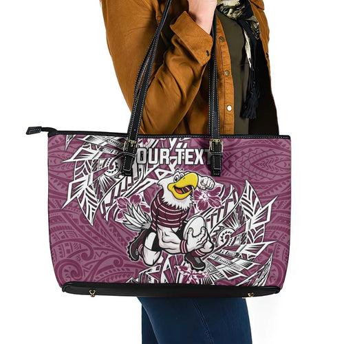 Personalised Manly Warringah Sea Eagles Leather Tote Bag Polynesian Tribal Pattern With Rugby Sea Eagle Mascot Art