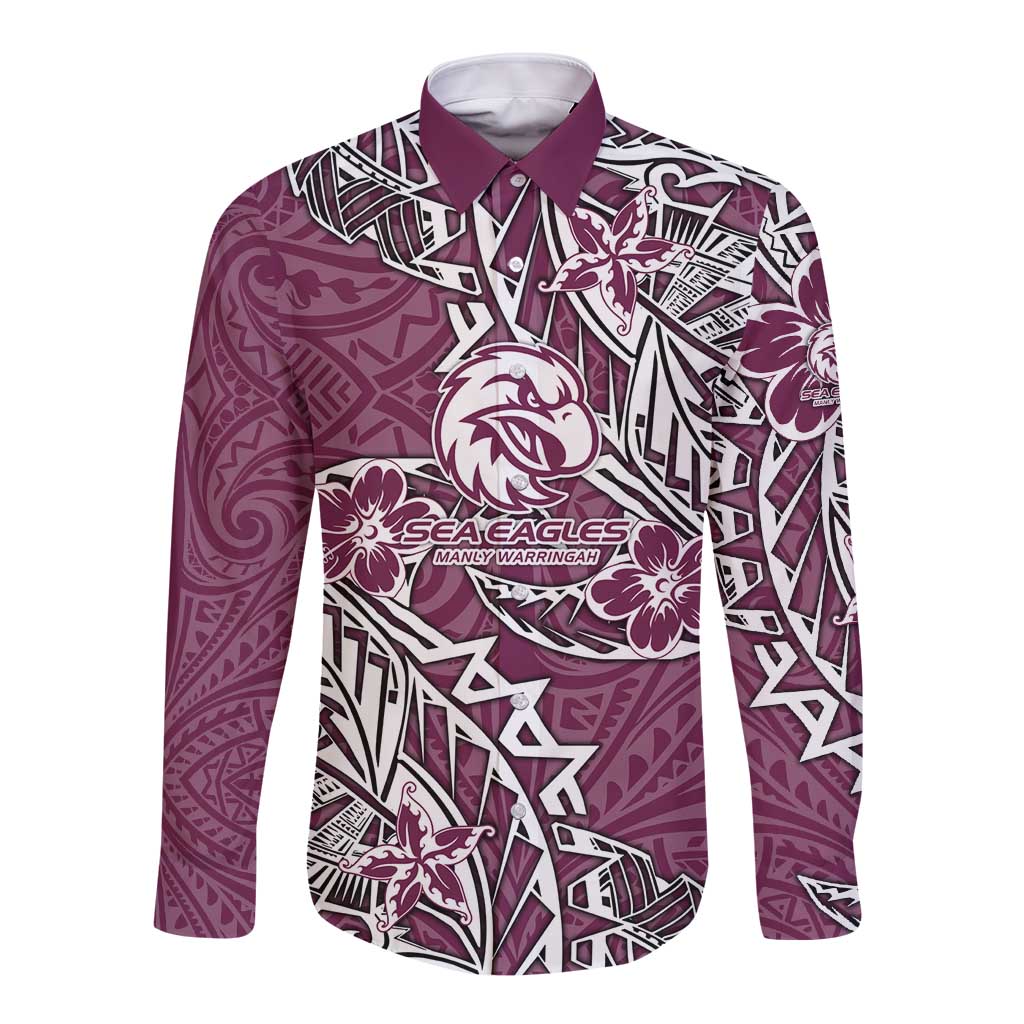 Personalised Manly Warringah Sea Eagles Long Sleeve Button Shirt Polynesian Tribal Pattern With Rugby Sea Eagle Mascot Art