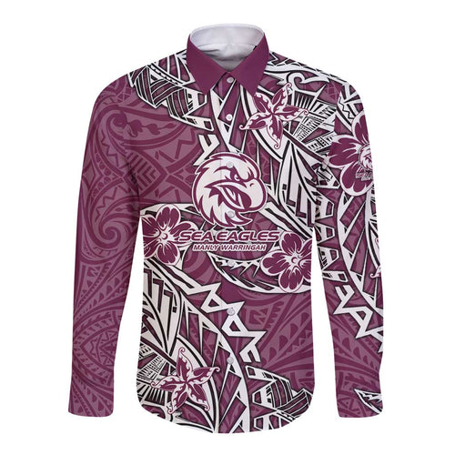 Personalised Manly Warringah Sea Eagles Long Sleeve Button Shirt Polynesian Tribal Pattern With Rugby Sea Eagle Mascot Art