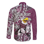 Personalised Manly Warringah Sea Eagles Long Sleeve Button Shirt Polynesian Tribal Pattern With Rugby Sea Eagle Mascot Art