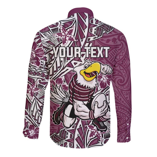 Personalised Manly Warringah Sea Eagles Long Sleeve Button Shirt Polynesian Tribal Pattern With Rugby Sea Eagle Mascot Art