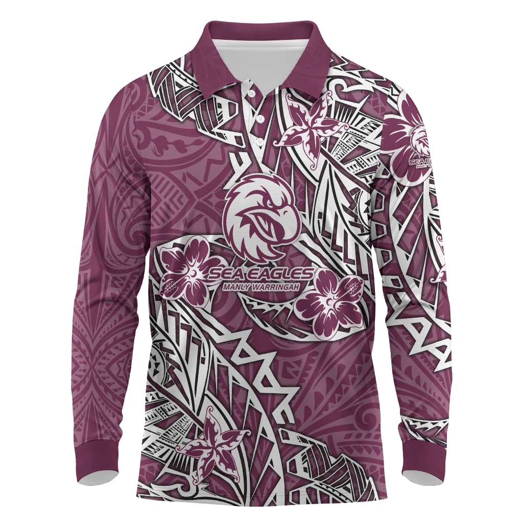Personalised Manly Warringah Sea Eagles Long Sleeve Polo Shirt Polynesian Tribal Pattern With Rugby Sea Eagle Mascot Art