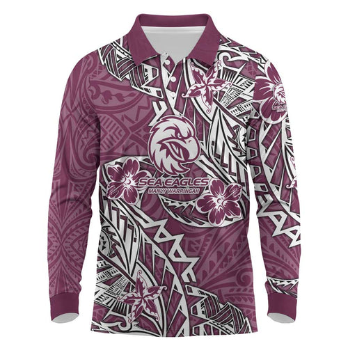 Personalised Manly Warringah Sea Eagles Long Sleeve Polo Shirt Polynesian Tribal Pattern With Rugby Sea Eagle Mascot Art