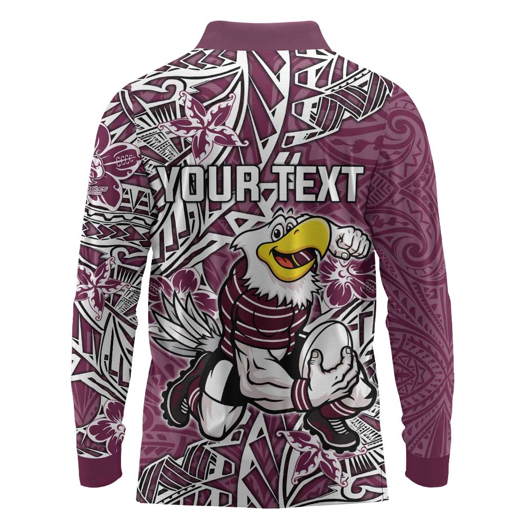 Personalised Manly Warringah Sea Eagles Long Sleeve Polo Shirt Polynesian Tribal Pattern With Rugby Sea Eagle Mascot Art