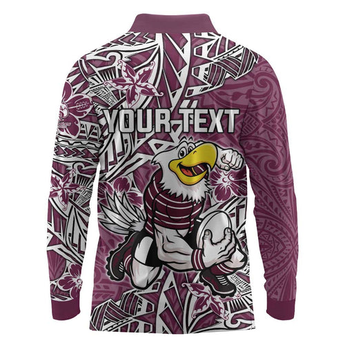 Personalised Manly Warringah Sea Eagles Long Sleeve Polo Shirt Polynesian Tribal Pattern With Rugby Sea Eagle Mascot Art