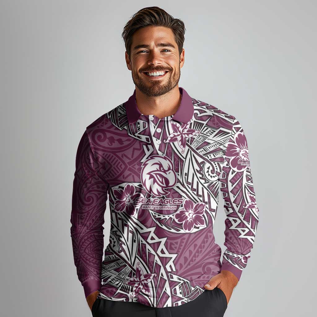 Personalised Manly Warringah Sea Eagles Long Sleeve Polo Shirt Polynesian Tribal Pattern With Rugby Sea Eagle Mascot Art