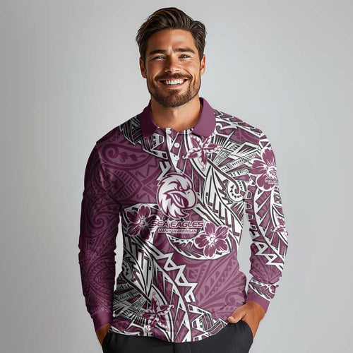 Personalised Manly Warringah Sea Eagles Long Sleeve Polo Shirt Polynesian Tribal Pattern With Rugby Sea Eagle Mascot Art