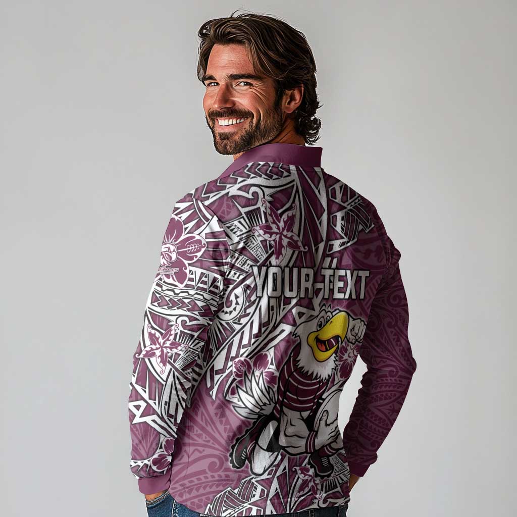 Personalised Manly Warringah Sea Eagles Long Sleeve Polo Shirt Polynesian Tribal Pattern With Rugby Sea Eagle Mascot Art