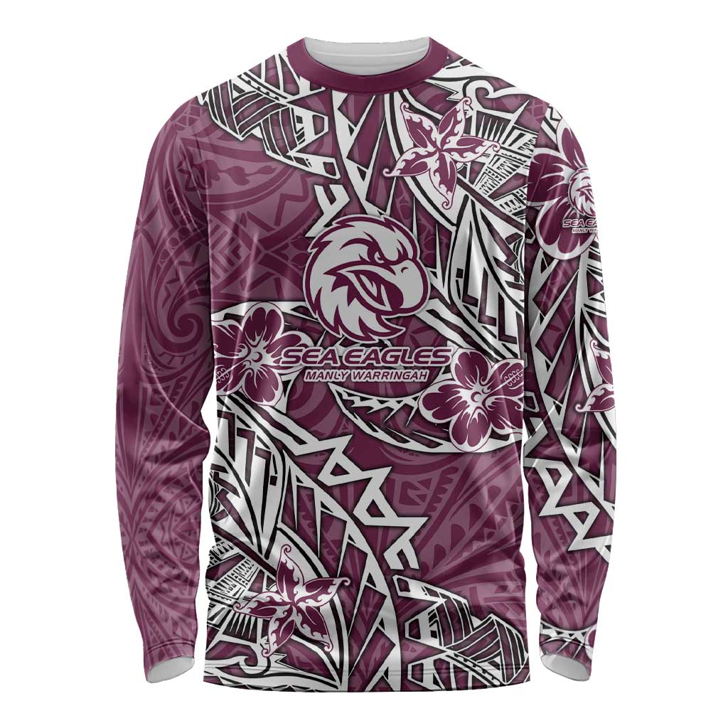 Personalised Manly Warringah Sea Eagles Long Sleeve Shirt Polynesian Tribal Pattern With Rugby Sea Eagle Mascot Art